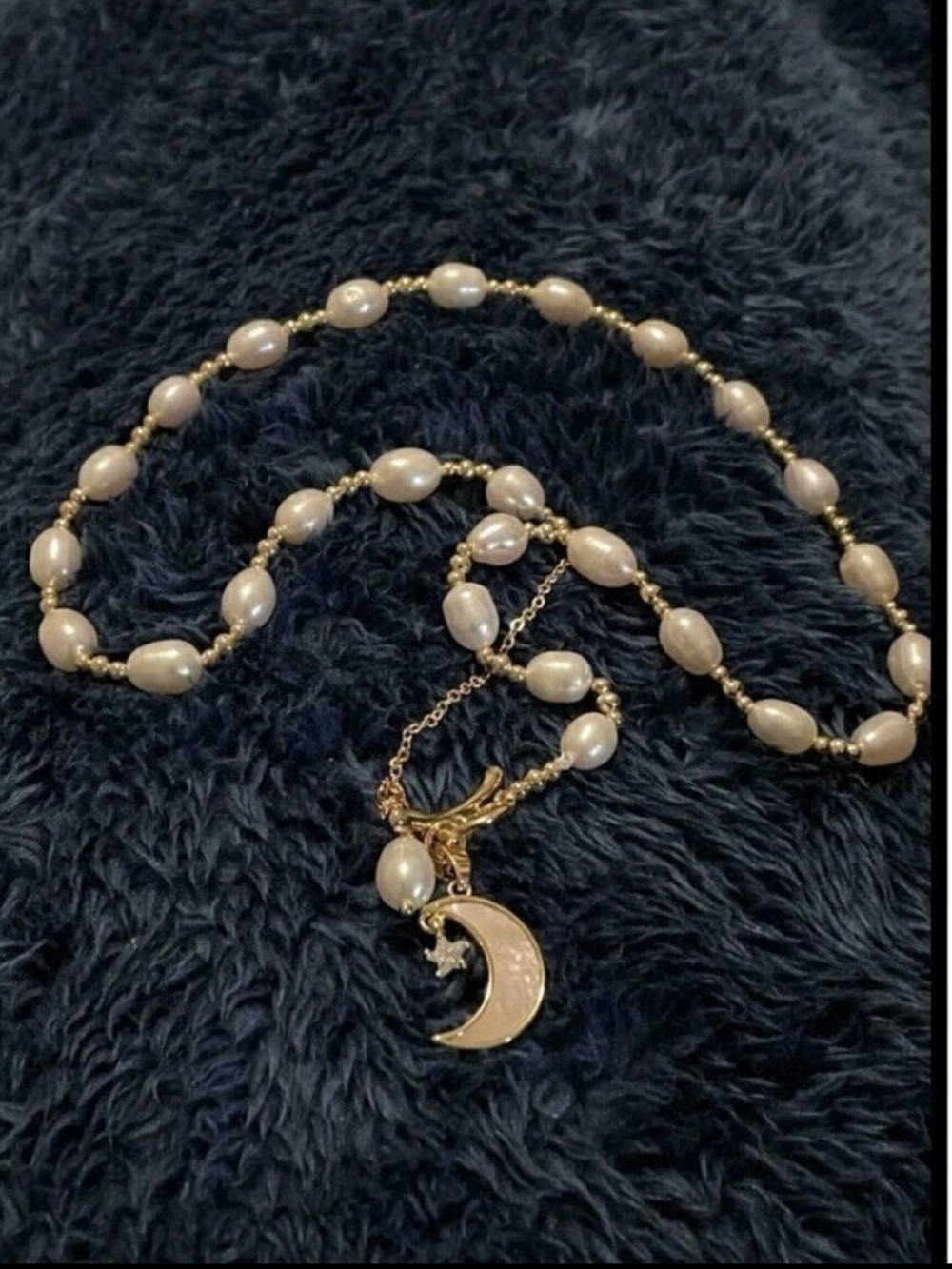 Freshwater Pearl Choker with Gold Beads Celestial Moon Pendant womens jewelry